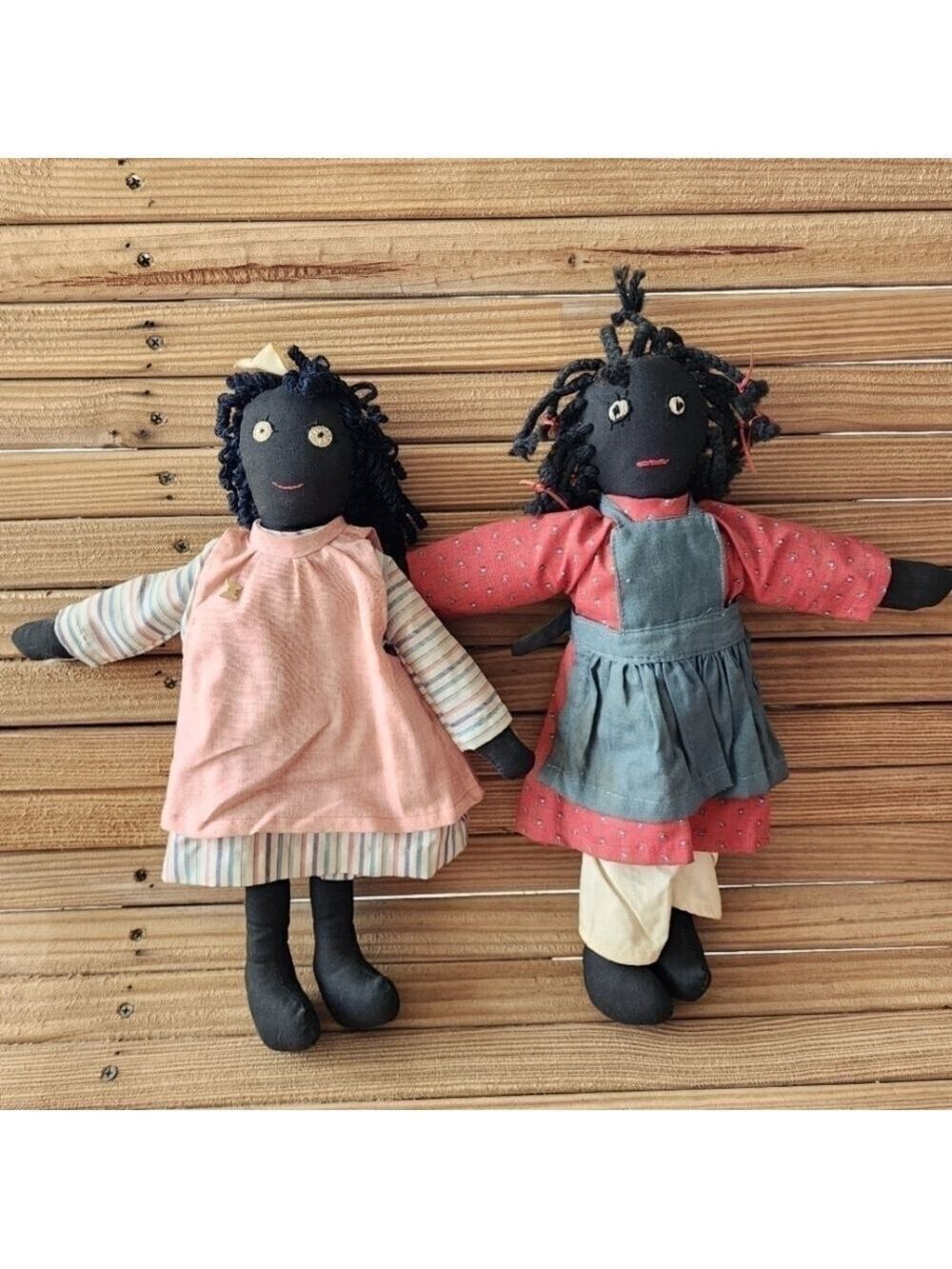 Vintage lot of 2 African American cloth rag dolls stitched eyes
